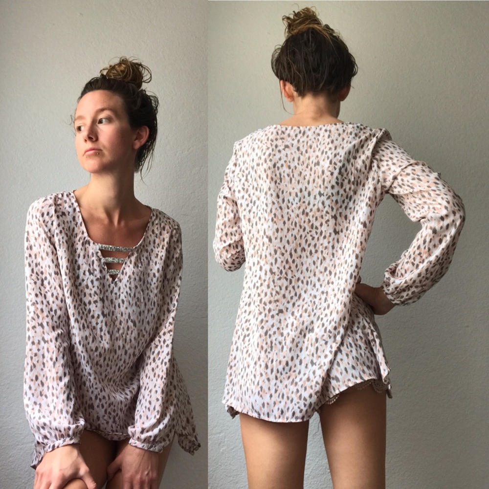 Juicy Couture Sheer Long Sleeve V-Neck Blouse